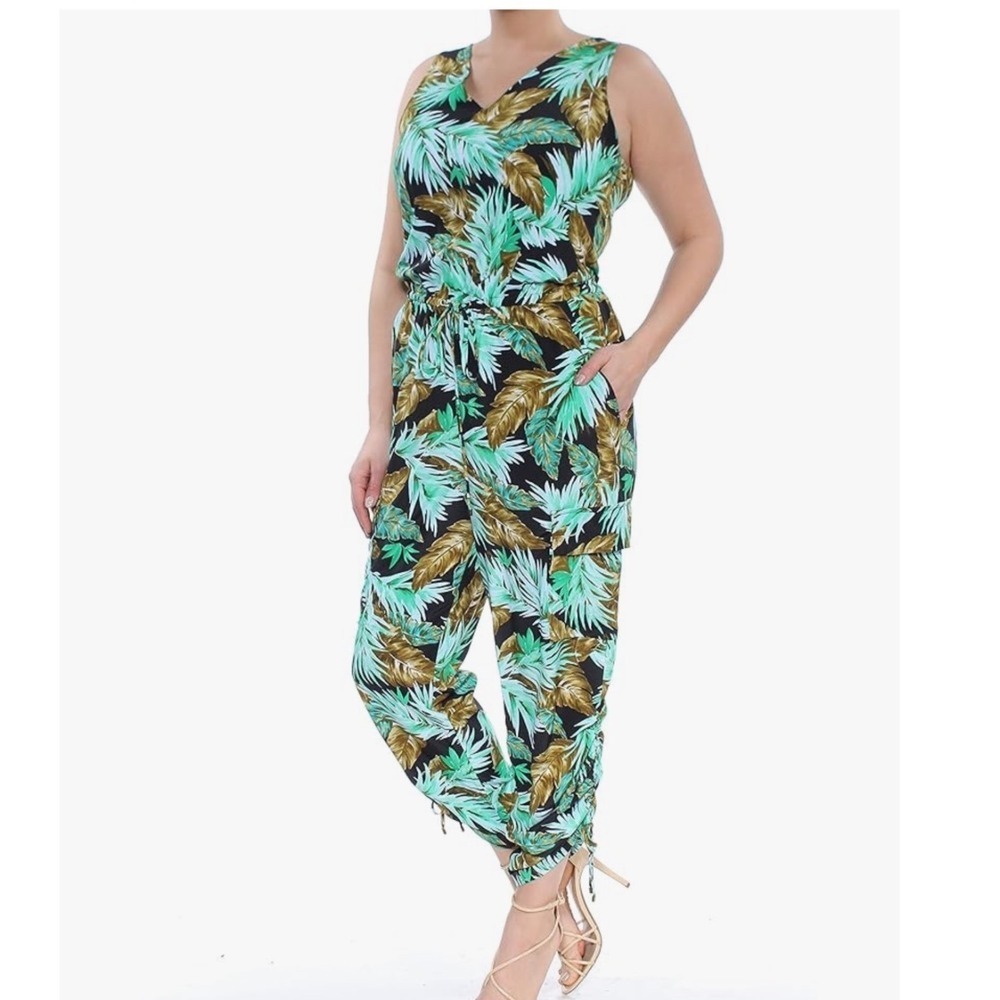 Lauren Ralph Lauren Tropical Cargo Jumpsuit Drawstring 4 Green Palm Leaf Print